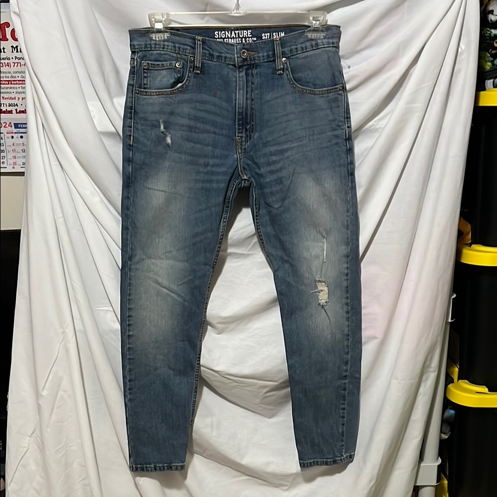 Signature Blue Slim Jeans with Distressed Details